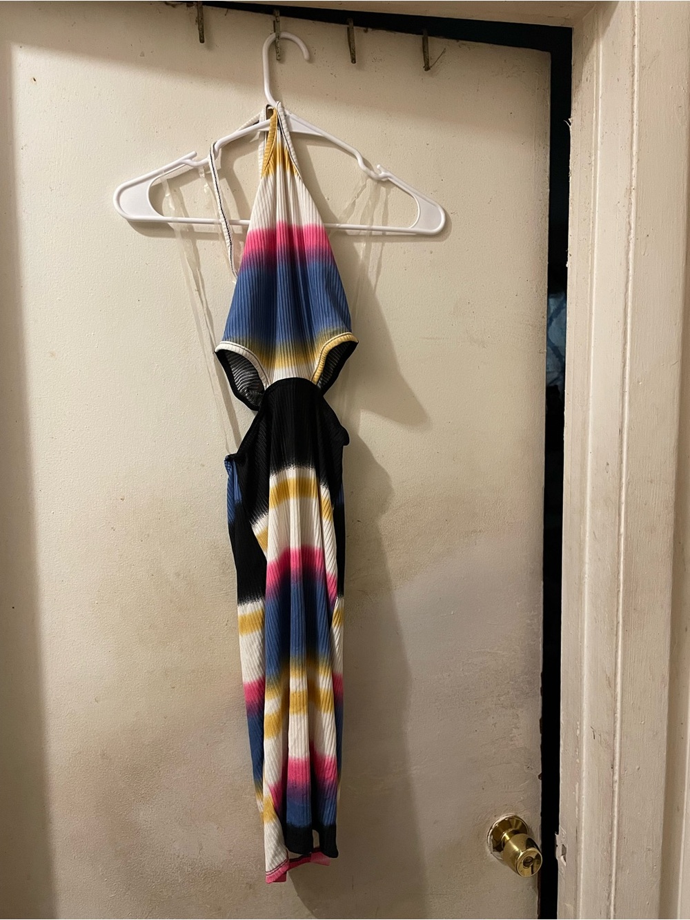 Women’s Ribbed Halter Cutout Bodycon Midi Dress Multicolor Striped XS